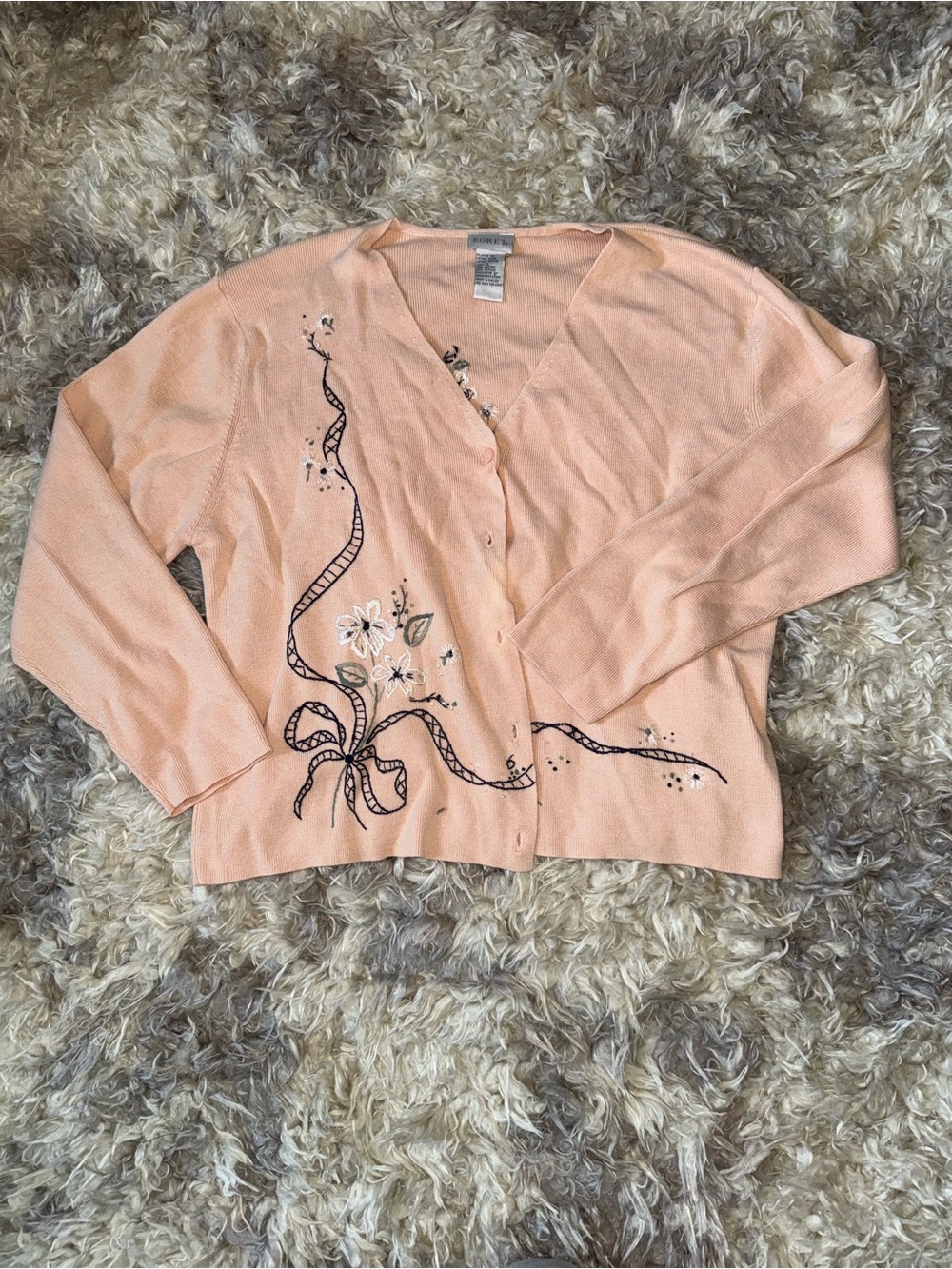 Koret Vintage Peach Cardigan with Black Ribbon & Floral Embroidery